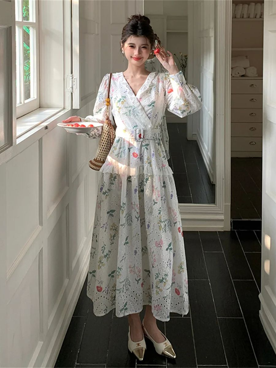 French Vintage Floral Midi Dress - 프랑스 로맨틱 스타일 랜턴 슬리브 플로럴