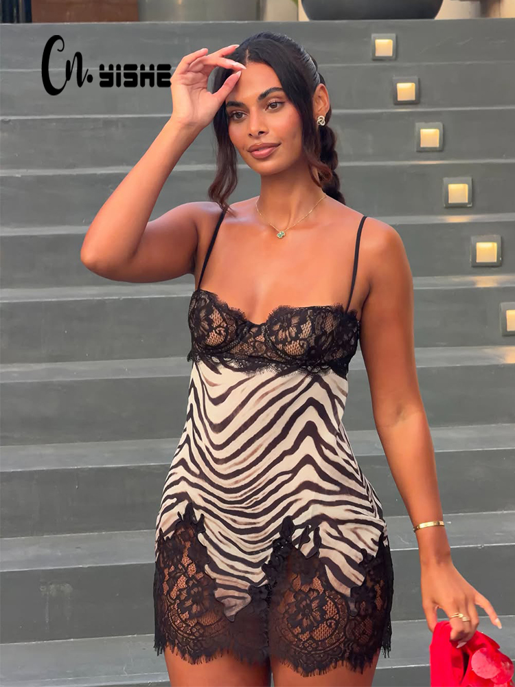 Sexy Mesh Sheer Bodycon Dress - CNYISHE 캐미솔 얼룩말 프린트 레이스 패치