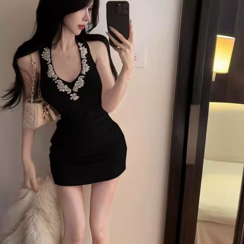 Sparkly Rhinestone Club Party Dress - 섹시한 블랙 원숄더 러칭 바디콘 미니