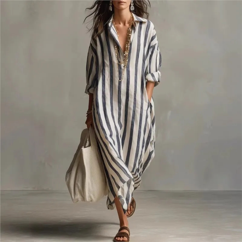 우아한 턴다운 칼라 린넨 롱 드레스 트렌디 캐주얼 루즈 - Casual Loose Linen Shirt Dress 리뷰 및 가격