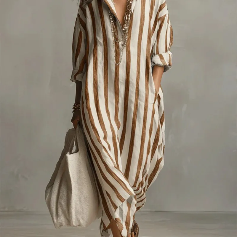 우아한 턴다운 칼라 린넨 롱 드레스 트렌디 캐주얼 루즈 - Casual Loose Linen Shirt Dress 리뷰 및 가격