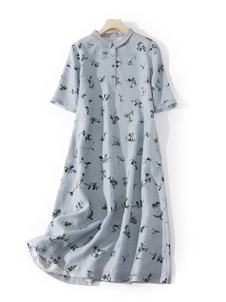예술적인 플로럴 프린트 루즈핏 코튼 린넨 셔츠 드레스  - Casual Loose Linen Shirt Dress 리뷰 및 가격